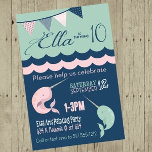 Narwhal Birthday invitation, Nautical invite, Narwhal  Birthday, baby shower, Anchor , Birthday Invitation,  Mint green blue