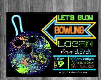 Neon Black Light Glowing Bowling Birthday Invitation | Bowling Party Invite | Bowling Birthday | Black Light Bowling Party | Personalize