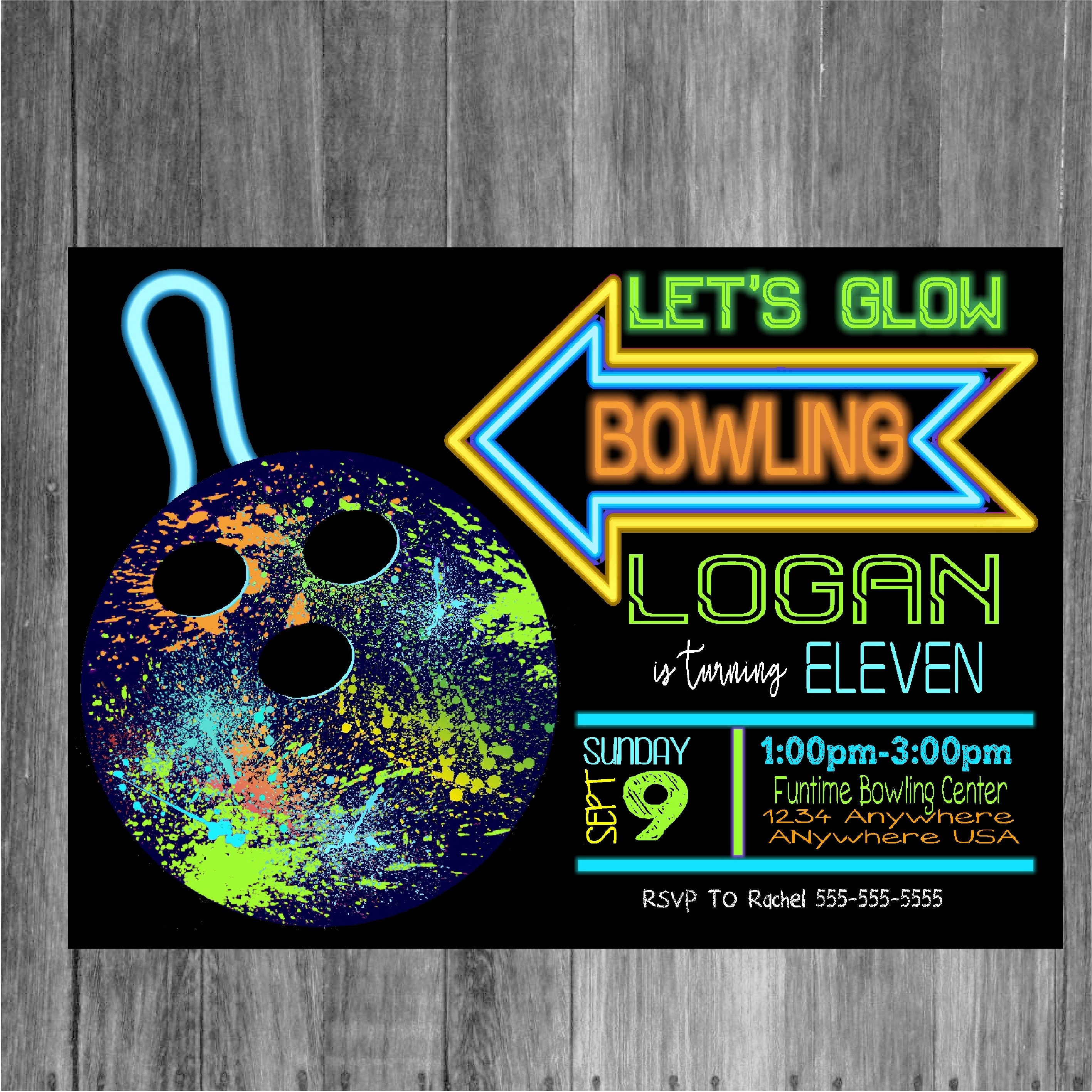 Neon Black Light Glowing Bowling Birthday Invitation | Bowling Party Invite | Bowling Birthday | Black Light Bowling Party | Personalize