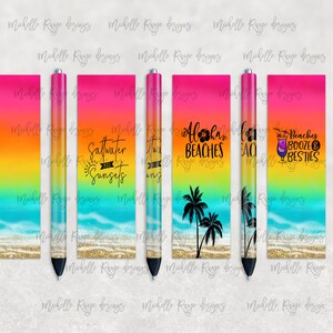 Bright Rainbow Beach Waves Pen Set, Druckbares Wasserrutsch Pen Wrap Design, Epoxy Pen Wrap, InkJoy, PNG, Instant Download, Mockup inklusive