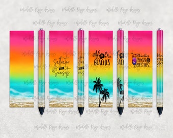 Bright Rainbow Beach Waves Pen Set, Printable Waterslide Pen Wrap Design, Epoxy Pen Wrap, InkJoy, PNG, Instant Download, Mockup Included