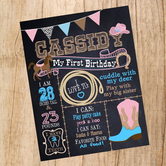 Cowgirl birthday sign, Birthday chalkboard, Cowboy, Western, PINK first Birthday chalk Poster Board Sign Printable Size 16x20 photo prop Il_570xn