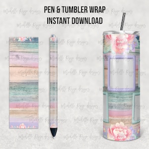 May include: A digital download design for a pen and tumbler wrap. The design features a woodgrain background with pastel colors and floral accents. The design includes a blank space for personalization.