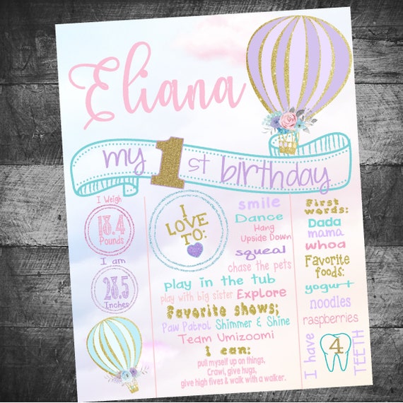 Hot air balloon Birthday Sign, Hot air balloon Milestone sign, shabby chic birthday board sign, First Birthday, Chalk Board, DIgital, Il_570xn