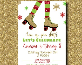 Roller Skating Birthday Party Invitation | Christmas Roller Skate Party Invite | Gold Glitter | Holiday Party | Printable | Personalize