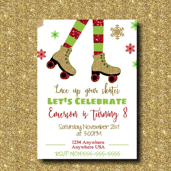 Roller Skating Birthday Invitation, Christmas roller Skating Party, Glitter Skate, Holiday Skate Party, skating invite digital download Il_570xn