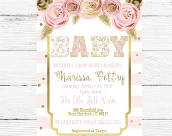 Puede incluir: Invitación a baby shower rosa y dorada con un diseño floral y el texto "BABY" en letras doradas grandes. La invitación incluye el nombre "Marissa Pettry", la fecha "sábado 12 de enero de 2019", la hora "1:00 pm-4:00 pm", el lugar "The Ella Ball Room", la dirección "200 Bloomfield Ave West Hartford, CT 06117" y la información de RSVP "PLEASE RSVP SUSAN: 555-555-5555 Registered at Target".