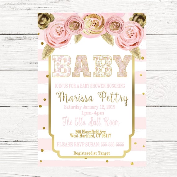 Girls Floral Baby SHower invitation, Shabby chic Baby SHower, FLoral Invitation, Water Color, Pink Gold BABY Shabby chic, Digital Il_570xn