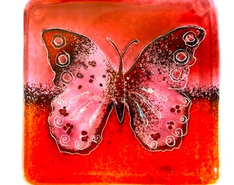 Dessous de verre papillon rouge - Cadeau fait main en verre fusionné