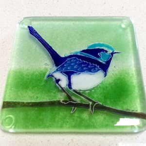 Blue Wren Glass Coaster - Fused Glass Handmade Gift - Australian Birds