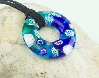 Millefiori Donut Pendant - Handmade Fused Glass Gift