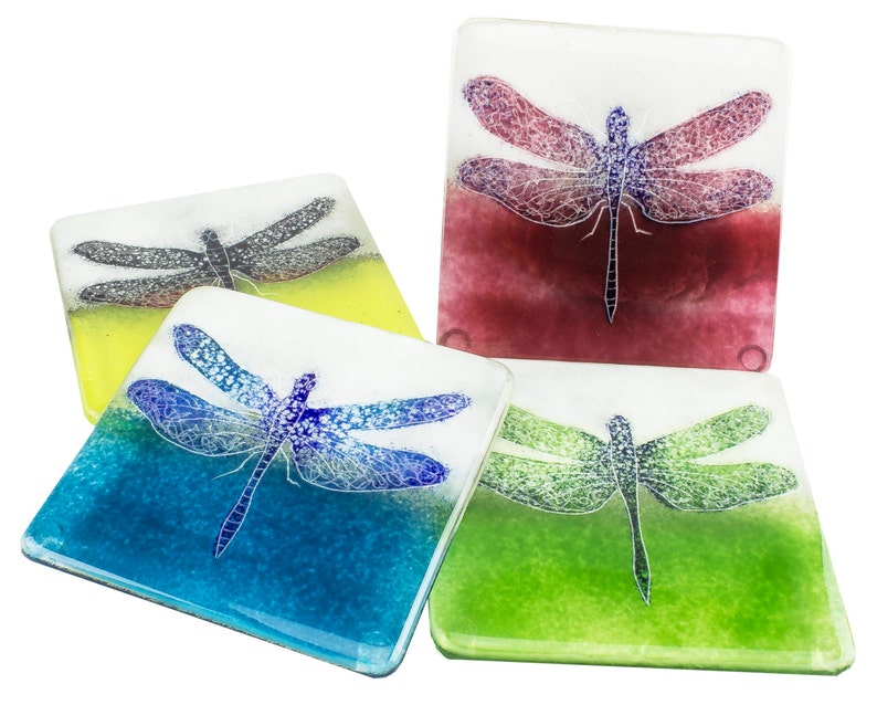 Fused Glass Handmade Gift Dragonfly Coaster