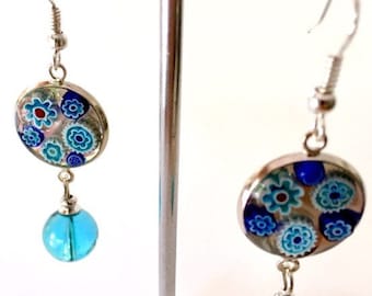 Sky Blue Millefiori Earrings - Dangle Glass Murrini.