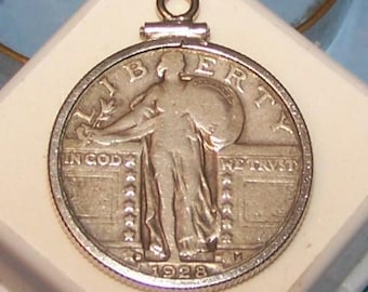 U S STANDING LIBERTY QUARTER Charm / Pendant-- Dated 1928 D--  In Sterling Bezel