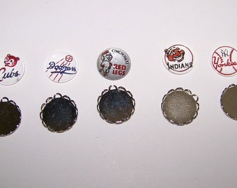 5 MAJOR  LEAGUE BASEBALL 13mm Glass  Cabachons-- Vintage Intaglio Reverse Painted  with scalloped settings