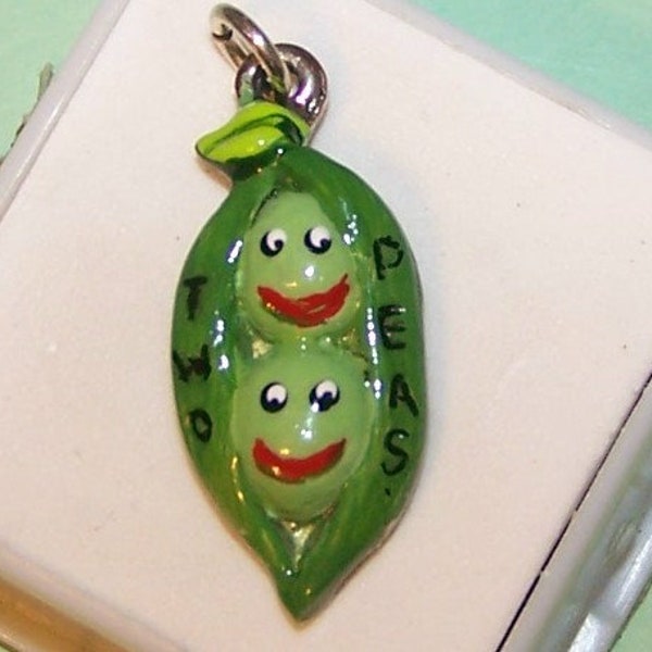 PEAPOD  CHARM --  Vintage Sterling  -- ANTHROPOMORPHIC 2 Peas in Pod--Sterling  and Enamel