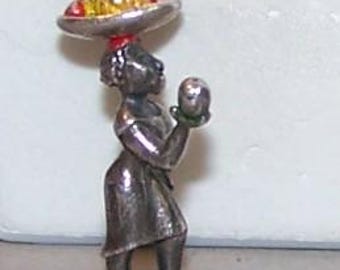 AFRICAN WOMAN CHARM -- Hallmarked Sterling-- Woman offering fruit from tray on head