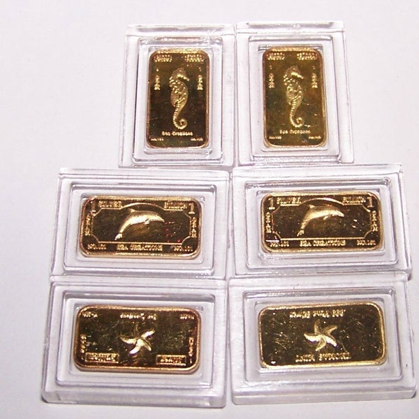 One Gram Pure Silver Seaside Ingots x 6 -  Sea Horses, Dolphins and Starfish with cases