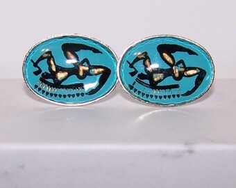 CUFFLINKS - NATIVE AMERICAN - Glass  18mm x 25mm -Vintage 1950's - Dance--Blue