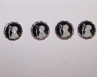 6 HORSE JOCKEYS 11mm Glass  Cabachons-- Vintage Intaglio Reverse Painted  with scalloped settings