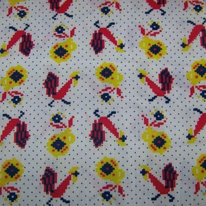 CHICKENS Fabric- Folk Art Chickens , Flowers and Dots--36&quot;W x 82&quot; L  Cotton 1950&#39;s - 1960&#39;s  --Unused-