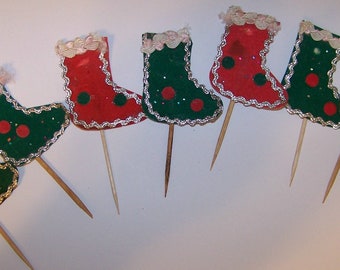 7 Vintage CHRISTMAS STOCKINGS CAKE  Picks --Party Toppers -- Marked Japan