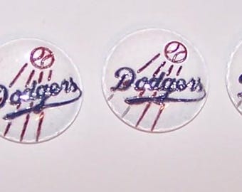 6 BASEBALL DODGERS  Glass  CABACHONS-- Vintage Intaglio European -- 15 mm