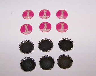 LADY GOLFER 13mm Glass  CABACHONS-6 Pink - Vintage Intaglio West German with scalloped settings