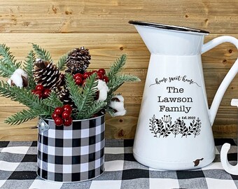 Personalized Farmhouse Pitcher, White Home Sweet Home Enamel Jug, Rustic Kitchen Metal Vase