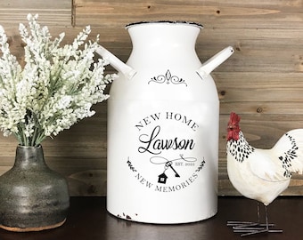 Personalized Farmhouse Metal Milk Can, Rustic Country Custom Realtor Gift, Last Name New House White Flower Jug