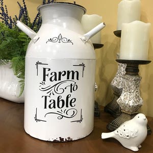 Farm to Table Milk Can, Rustic White Enamel Decor, Farmhouse Metal Jug, Flower Vase, Kitchen Utensil Decor image 2