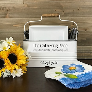 Farmhouse Kitchen Utensil Holder, The Gathering Place Silverware Caddy, Picnic or Camping Napkin Organizer, Party Plate Storage Container image 1