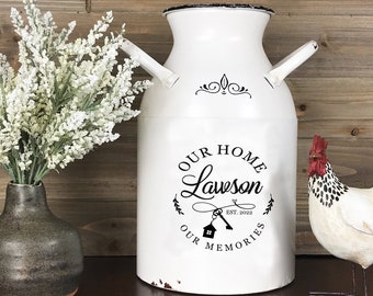 Personalized Farmhouse Metal Milk Can, Rustic Country Custom Realtor Gift, Last Name Our Home White Flower Jug