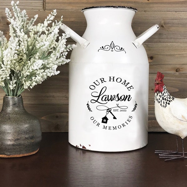 Personalized Farmhouse Metal Milk Can, Rustic Country Custom Realtor Gift, Last Name Our Home White Flower Jug