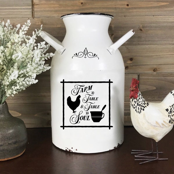 Farm To Table Metal Milk Can, Rustic Country Flower Vase, White Enamel Table Utensil Holder or Jug