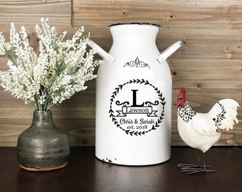 Personalized Farmhouse Metal Milk Can, White Enamel Milk Jug, Last Name Flower Canister, Rustic Country Custom Wedding Gift,