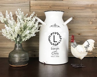 Personalized Farmhouse Metal Milk Can, White Enamel Milk Jug, Last Name Flower Canister, Rustic Country Custom Wedding Gift,