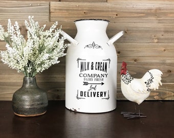 Milk and Cream Milk Can, Rustic White Enamel Decor, Farmhouse Metal Jug, Flower Vase, Kitchen Utensil Decor