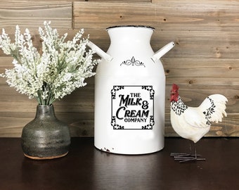 Milk and Cream Milk Can, Rustic White Enamel Decor, Farmhouse Metal Jug, Flower Vase, Kitchen Utensil Decor