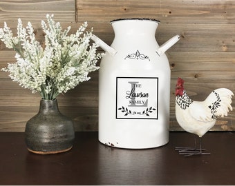 Personalized Farmhouse Metal Milk Can, White Enamel Milk Jug, Last Name Flower Canister, Rustic Country Custom Wedding Gift,