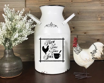 Farm To Table Metal Milk Can, Rustic Country Flower Vase, White Enamel Table Utensil Holder or Jug