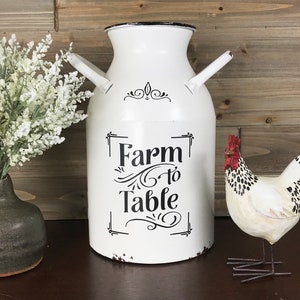 Farm to Table Milk Can, Rustic White Enamel Decor, Farmhouse Metal Jug, Flower Vase, Kitchen Utensil Decor image 1