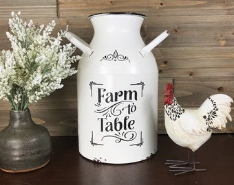 Farm to Table Milk Can, Rustic White Enamel Decor, Farmhouse Metal Jug, Flower Vase, Kitchen Utensil Decor