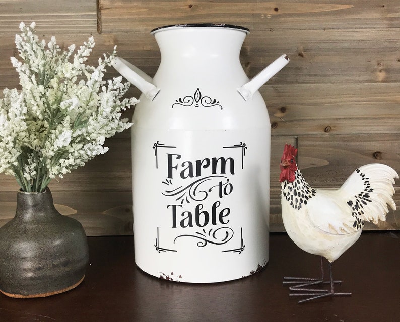 Farm to Table Milk Can, Rustic White Enamel Decor, Farmhouse Metal Jug, Flower Vase, Kitchen Utensil Decor image 1