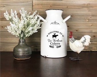 Personalized Farmhouse Metal Milk Can, Welcome to our Farmhouse Milk Jug, Last Name Flower Canister, Rustic Country Custom Wedding Gift,