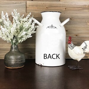 Farm to Table Milk Can, Rustic White Enamel Decor, Farmhouse Metal Jug, Flower Vase, Kitchen Utensil Decor image 6