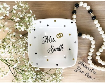 Personalized Mrs. Ring Dish: Polka Dot Wedding Jewelry Dish