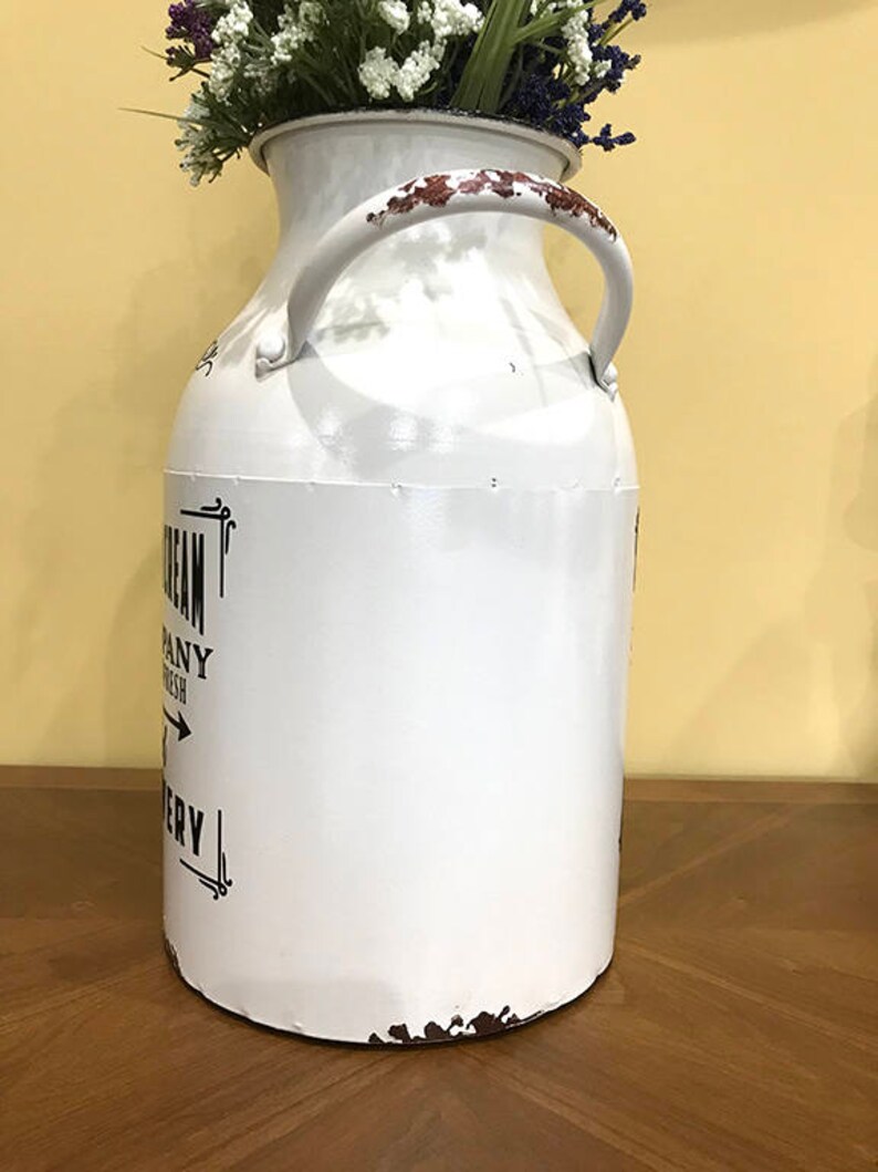 Farm to Table Milk Can, Rustic White Enamel Decor, Farmhouse Metal Jug, Flower Vase, Kitchen Utensil Decor image 3