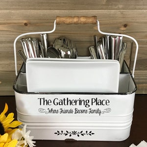 Farmhouse Kitchen Utensil Holder, The Gathering Place Silverware Caddy, Picnic or Camping Napkin Organizer, Party Plate Storage Container image 3