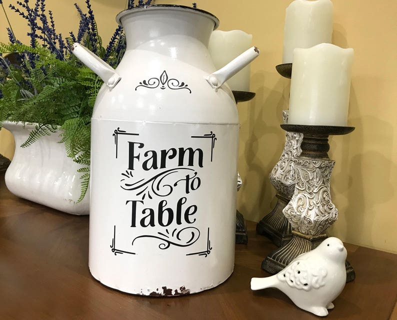 Farm to Table Milk Can, Rustic White Enamel Decor, Farmhouse Metal Jug, Flower Vase, Kitchen Utensil Decor image 2